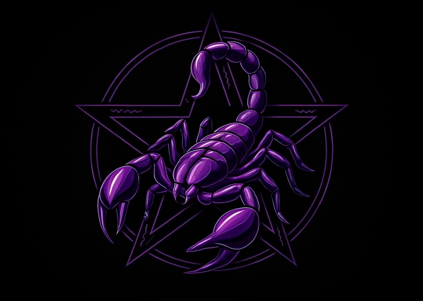 Purple Scorpio zodiac scorpion with curled tail and glowing pentagram on black background